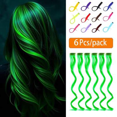 6 lọn tóc nối kẹp nhiều màu, dài 18 inch, kiểu tóc xoăn gợn sóng, màu đỏ, tím, trắng, cam, xanh dương, xám, xanh lá cây, hồng, chất liệu tổng hợp, thích hợp cho bé gái sử dụng trong các lễ hội, ngày lễ, tiệc tùng.