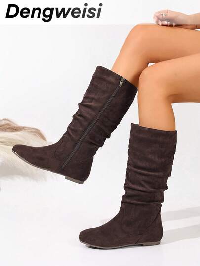 Chocolate Brown Pleated Side Zipper Flat Round Toe Comfortable Versatile Office Commute Everyday Casual Mid-Calf Boots, Suitable For All Seasons