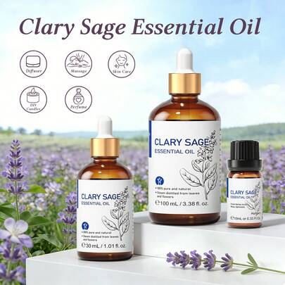  HIQILIClary鼠尾草精油，清新草本香型，100毫升/30毫升/10毫升装，可用于扩香、冥想、睡前舒缓睡眠、身体按摩、滋润肌肤、自制除臭喷雾。