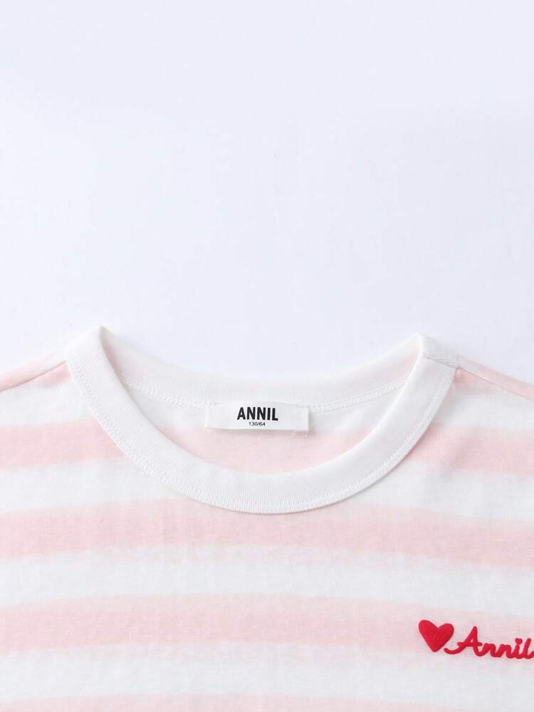 Annil 女童云朵般飘逸的撞色条纹T恤，2026春夏新款，天丝透气学院风长袖 - 粉紅白條 - 查看 4