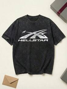 2026 Summer TopsShooting Star Logo Graphic Tee Unisex Couple Matching Boyfriend Style Hell Star Y2K Streetwear Aesthetic Acid Washed Cotton Graphic Tees Men Oversized T Shirt Summer Fits Camisetas Para HombreLoose And Comfortableshirt - 黑色 - 查看 5