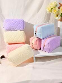 1个毛绒格子化妆包，大号拉链旅行洗漱包，多功能收纳袋，大容量，毛绒收纳袋，旅行化妆品整理包，便携式化妆包，大容量收纳袋，格子化妆包，女士手提包，毛绒拉链化妆包，女士简约拉链旅行包，沙滩包，收纳袋，口红收纳袋，便携式旅行洗漱包 - 彩色 - 查看 2