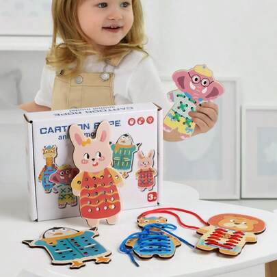 Early Education Children's Wooden Rope Threading Board Finger Fine Motor Training Animal Rope Threading Board Bead Toys For Children's Early Education Tying Shoelaces Threading Rope Fine Motor Puzzle Toys Threading Animal Rope Threading Boys And Girls Toys Exercise Children's Concentration Early Childhood Toys