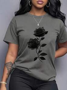 Spring Clothes Women's Clothing, Ladies Plus Size T-Shirt Black Rose Print - Casual Short Sleeve Round Neck Top, Medium Stretch Fabric, All-Season Com - 深灰色 - 查看 12