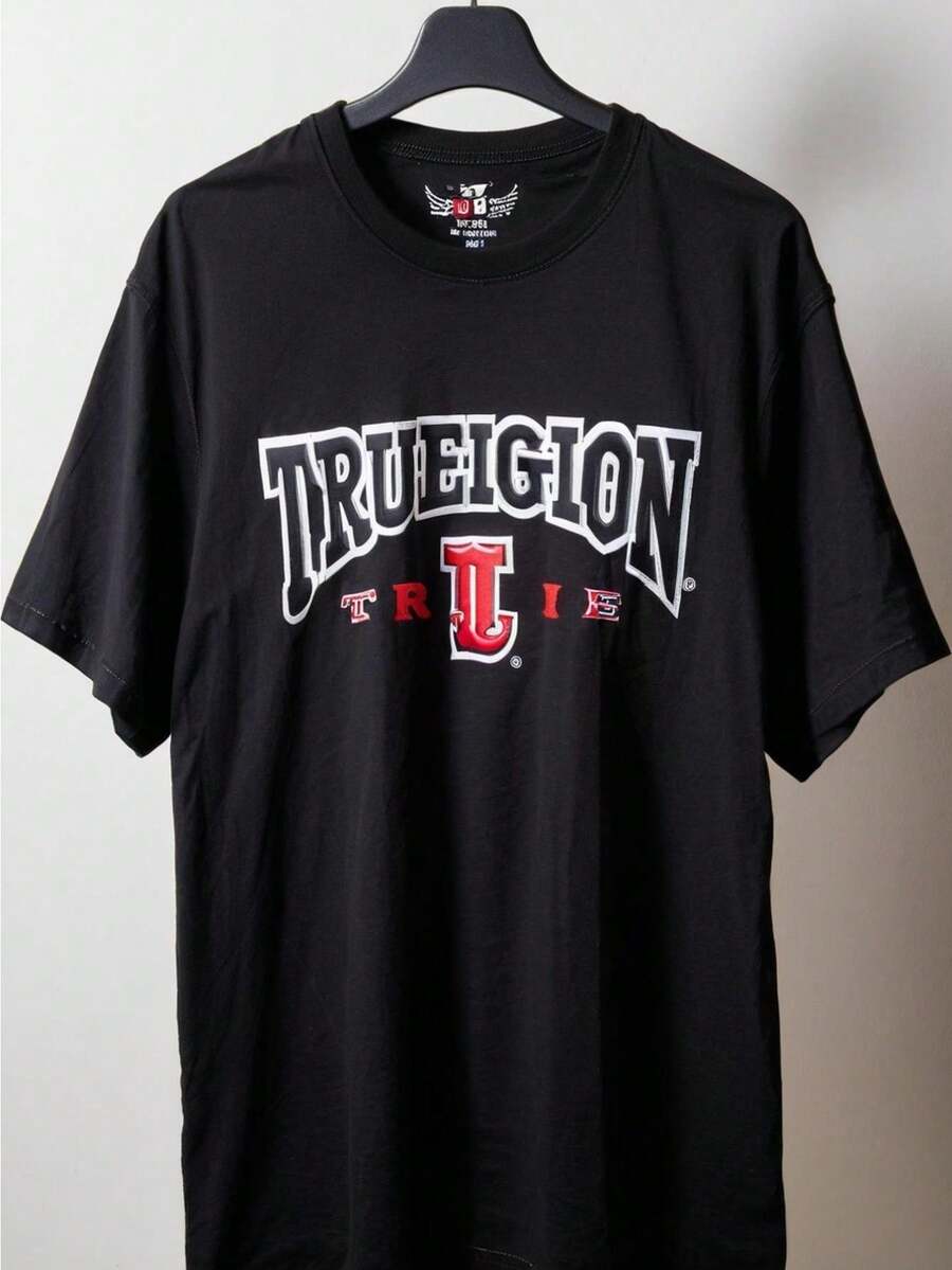 Mens Black TRUE RLGN Graphic T-Shirt - Oversized Retro Streetwear Tee With Bold White & Red Print, Established 2002, Machine Washable Crew Neck Casual Shirt For All-Season Comfort, Loose Fit Urban Style Statement Apparel - 白色 - 查看 1