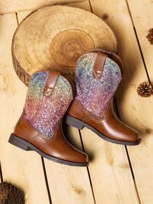 Toddler Little Boys Girls Cowboy Boots Kids Western Square Toe Riding Mid Calf Boots - 棕色/多色 - 查看 2