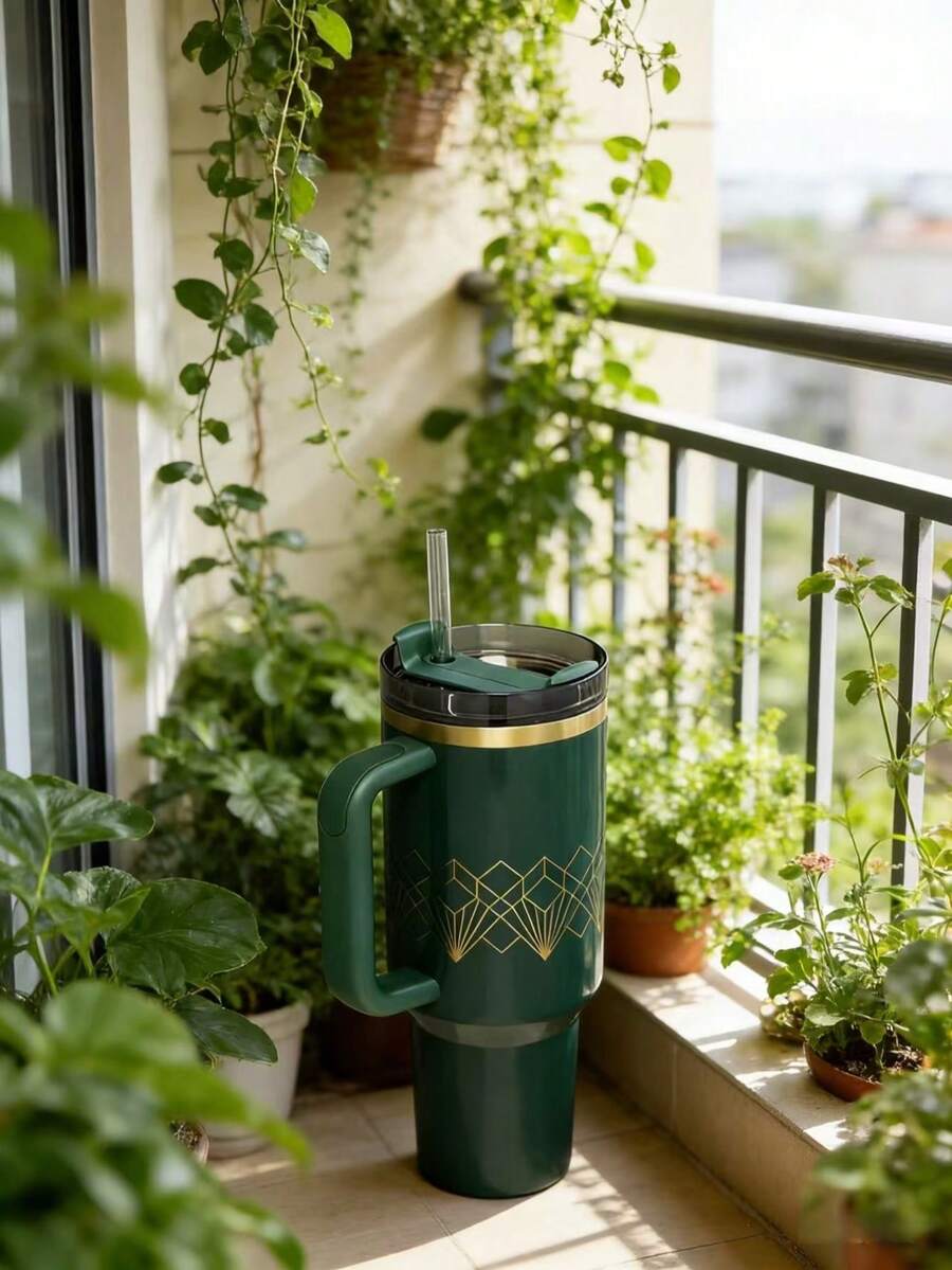 Line Pattern Series - 40oz Stainless Steel Insulated Cup With Handle And Straw Featuring A Stylish And Unique Geometric Pattern Design, Perfect For Home, Office, And On-The-Go Use. An Ideal Gift For Holidays And Special Occasions. - 幾何線條款-墨綠色 - 查看 1