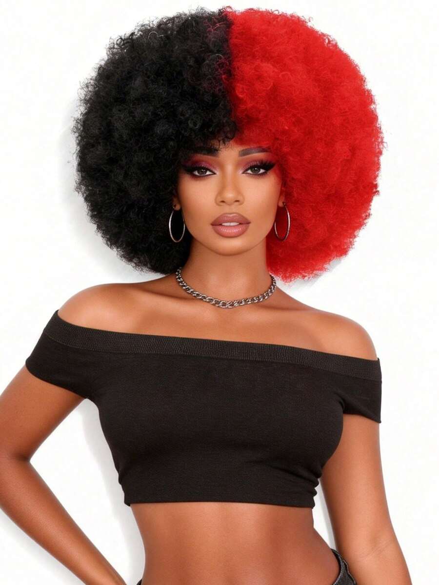 Afro Wig 14Inch Afro Wigs For Women 70s Mixed Brown Afro Kinky Curly Wig Bouncy Huge Fluffy Puff Wigs Synthetic Hair For Cosplay Daily And Party - 黑和紅 - 查看 1