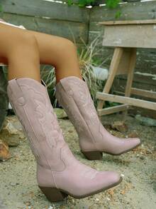 2025秋冬新款粉色圆头皮质套穿长靴，做旧西部风格，美式复古风，适合休闲外出、约会等场合，时尚靴款，粉色过膝长靴，蓝色过膝长靴，女鞋，女靴，粉色高跟鞋 - 粉色 - 查看 2