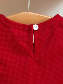 2pcs Baby Girls' Sweet Lovely Red Ruffle Sleeve Waffle Top And Blue Cherry Print Shorts Set, Suitable For Street And School Wear - Red - View 8