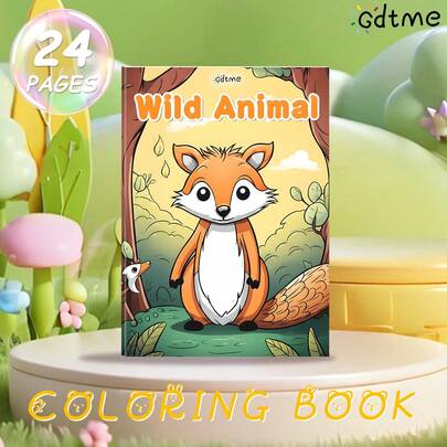 GDTME 【动物系列】1本成人涂色书，24页厚纸，撕页式设计，附赠5张随机贴纸。封面以森林为背景，饰以可爱的狐狸图案；内页包含来自不同栖息地的野生动物线条画，从非洲草原斑马到澳大利亚鸵鸟，再到亚洲丛林豹。