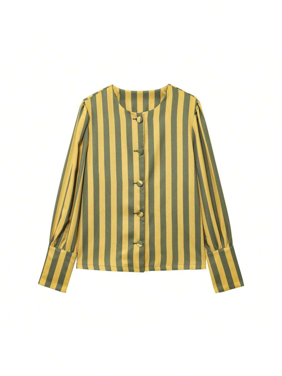 Women's Front Button Long Sleeve Striped Minimalist Casual Shirt - Lime Green - View 1