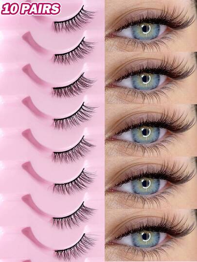 MAANGE 10 Pairs Natural Cat Eye Half Lashes, Pink Tray Thin Anime Eyelashes For Daily Use, Travel Essentials, Lengthening Cat Eye Effect Eyelash Strips, Elongate And Densify Lashes For Beautiful Makeup, Thin For Daily Use Anime Lashes, Travel Essentials, Extend Lash Tips, Suitable As Gift For Women, For Daily, Party, Gathering, Etc.