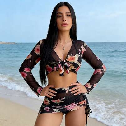 Conjunto de traje de baño de 3 piezas con top tipo tankini de unicolor, diseño de tirantes anchos con aros para un soporte cómodo, estilo de playa fashionable, perfecto para fiestas de playa y piscina en verano