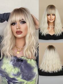 7JHH WIGS 16英寸渐变金色卷发波波头假发，女士齐肩波浪假发，带刘海，棕色发根，合成耐热纤维，美丽蓬松，适合女孩日常、派对、角色扮演、初学者生日礼物（白金色头发） - 漸變金色 - 查看 3