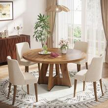 LITTLE TREE Farmhouse Dining Table, 120 Cm Round Dinner Table For 4, Rustic Wood Dining Room Table For Home Dining Room Living Room (Easy Assembly) - Beige - View 3