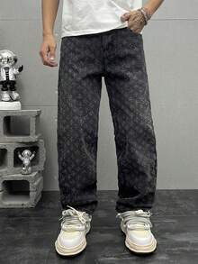 Plus Size Men's Personalized Crochet Denim Jeans - Black - View 3