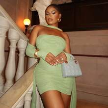 Fashion New Women's Halter Neck Sleeveless Mesh Ribbon Ruched Sexy Short Dress Set - Pink (with Scarf) - View 4