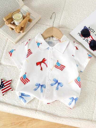 幼儿短袖纽扣衬衫，休闲夏季上衣，印有独立日星条旗和蝴蝶结图案，适合男婴和女婴