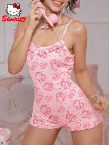 SANRIO 三丽鸥Hello Kitty女士睡衣，V领，蕾丝拼接，春夏款，家居服，休闲服，连体衣 - 粉色 - 查看 5