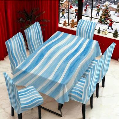 4/5/6/7pcs Chair Cover & Tablecloth Set, Elegant & Fashionable Design, Chair Covers Feature Minimalist Abstract Blue Line Pattern. Chair Covers Are Practical & Decorative, Easy To Create Festive Atmosphere, Suitable For Daily Use Or Holiday Decoration, Applicable To Restaurants, Hotels And Celebration Venues, An Ideal Gift.