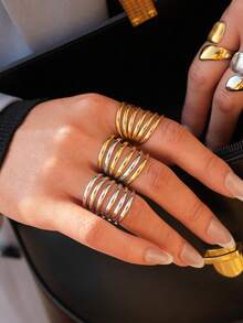 Frminee 3pcs/1pc Vintage Thick Creative Wide Band Gold Stainless Steel Rings, Retro Asymmetrical Woven Wrapped Rings, Birthday Rings, Anniversary Gift - Multicolor - View 3