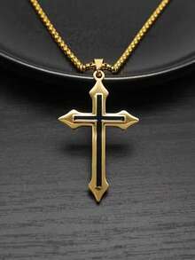 男士哥特朋克风双层3D十字架不锈钢吊坠项链 - 金色 - 查看 4