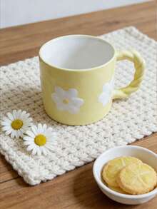 1pc 3D Embossed Ceramic Mug, French Countryside Style, Pale Pink/Yellow Body With White Daisy Pattern, Braided Handle, Rounded Rim, Suitable For Hot Drinks, Breakfast Milk Cup, Coffee Cup, Mother's Day Gift/Afternoon Tea With Friends, All Seasons - Multicolor - View 9