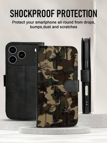 1PC Premium Durable Flip Wallet Phone Case With Army Green Camouflage Palm Tree Print, Outdoor Casual Style For Men And Women, Fashionable Protective Cover Compatible With IPhone 17/16/15/14/13/12/X/PLUS/PRO/PROMAX, Featuring Foldable Stand And Credit Card Slots, Waterproof, Shockproof, Drop-Resistant, Scratch-Proof, Full Coverage Protection. - 黑色 - 查看 1
