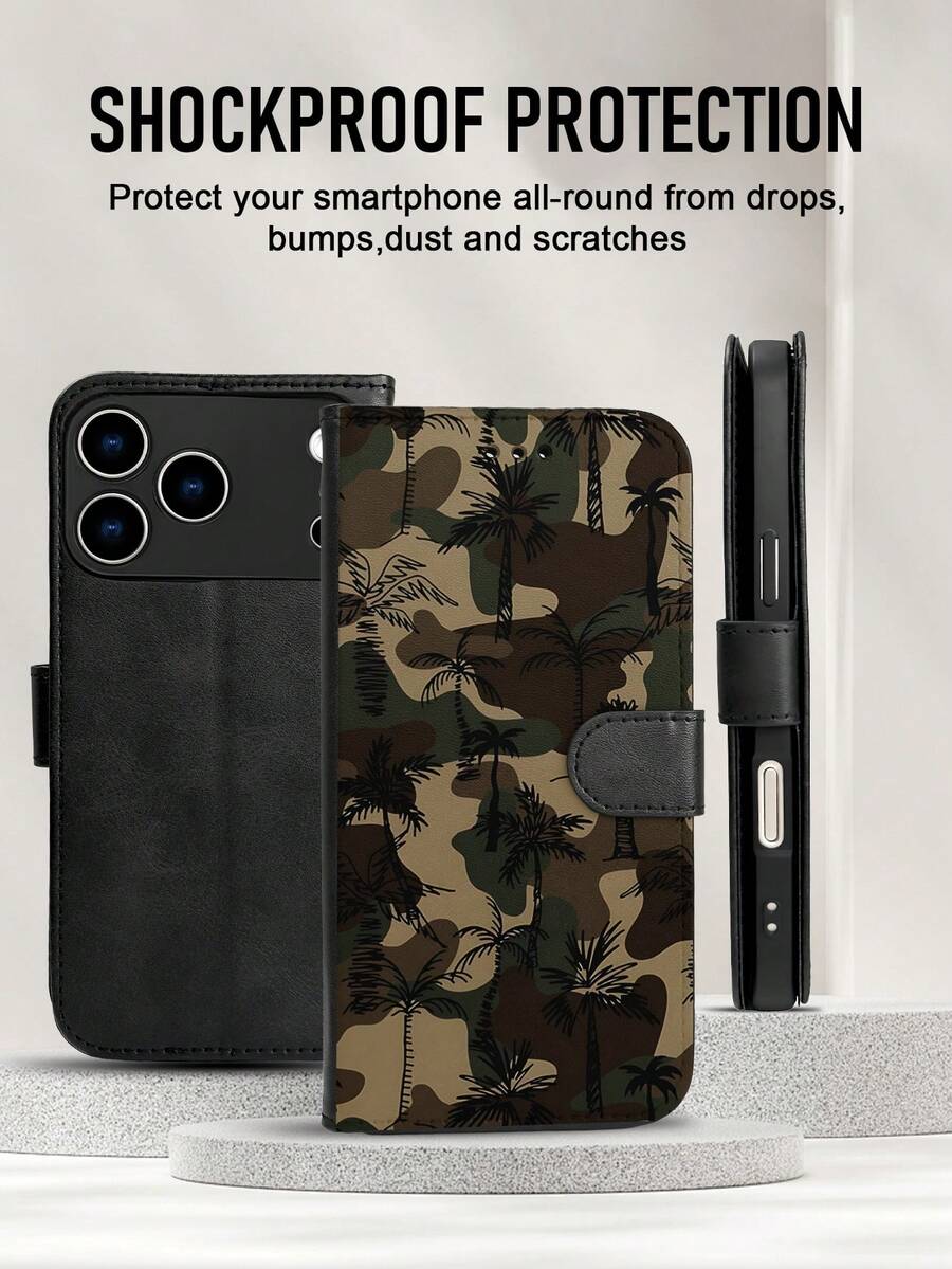 1PC Premium Durable Flip Wallet Phone Case With Army Green Camouflage Palm Tree Print, Outdoor Casual Style For Men And Women, Fashionable Protective Cover Compatible With IPhone 17/16/15/14/13/12/X/PLUS/PRO/PROMAX, Featuring Foldable Stand And Credit Card Slots, Waterproof, Shockproof, Drop-Resistant, Scratch-Proof, Full Coverage Protection. - 黑色 - 查看 1