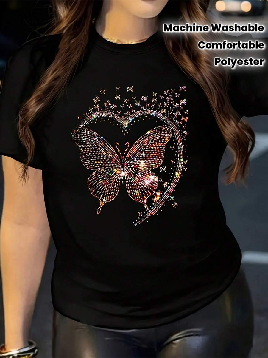 T-shirt déC-ontracté Clover Best Wishes pour la Saint-Valentin - Imprimé papillons eT- Cœurs pailletés, en polyester doux, col rond et manches courtes, lavable en machine, noir à sequins colorés. Idéal pour les occasions romantiques et le quotidien. Cadeau de Saint-Valentin. Style unique, look s-ublime, coupe confortable. Vert. T-shirt porte-bonheur pour hommes et femmes, à porter toute l'année. - Noir - Voir 1