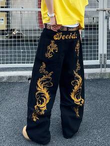Infinite Jeans 1pc American Street Style Embroidered Men's Loose Fit Wide Leg Jeans, Comfortable Versatile Long Pants For All Seasons (Product Does Not Include Belt And Accessories) - Black - View 7