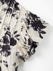 花卉印花荷叶边钥匙孔领口衬衫 - 香檳色 - 查看 4