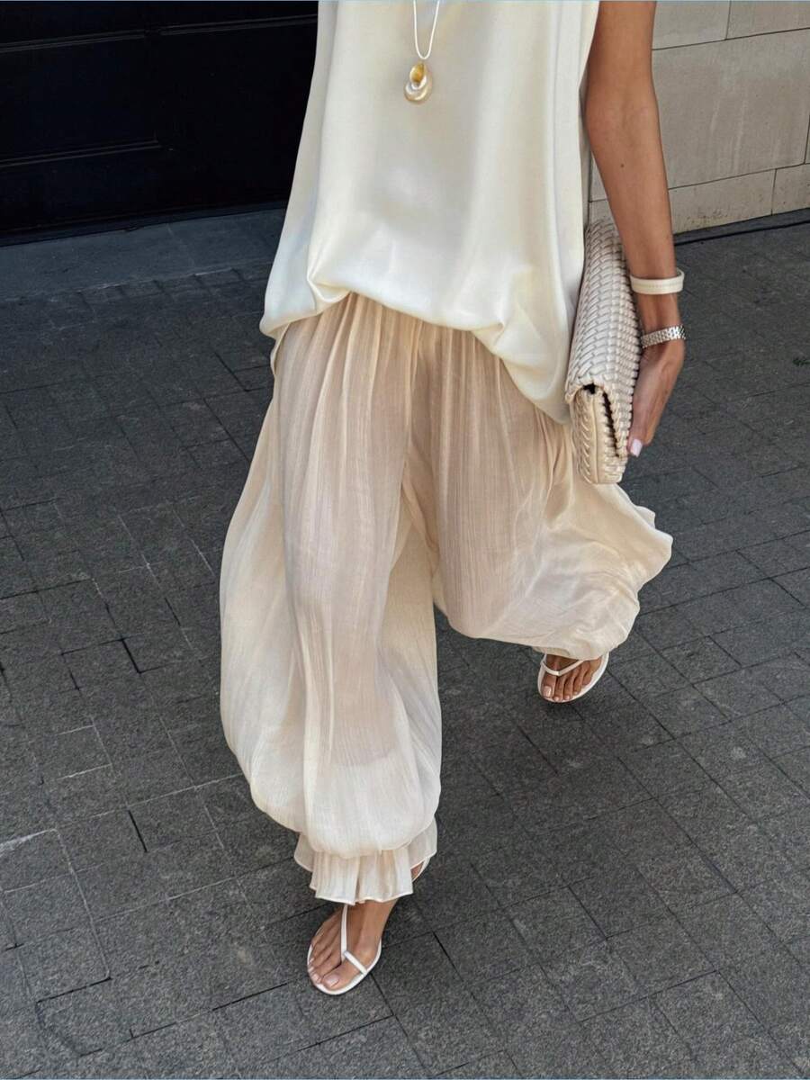 Women Baggy Balloon Long Pants Y2K Bubble Pleated Oversized Bloomers Elastic High Waist Wide Leg Lantern Harem Pants For Summer - Màu be - Xem 1