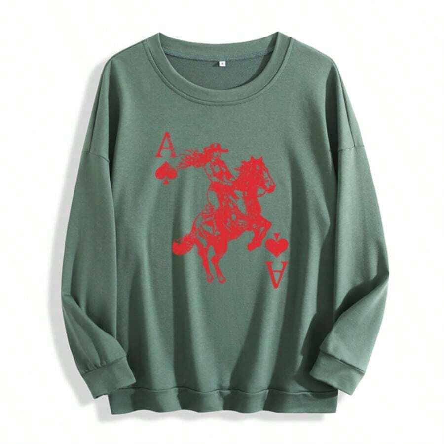 Cowgirl Thin Sweatshirt, Heart Crewneck, Playing Card, Ace Shirt, Retro Western Tops, Hearts Thin  Shirt, Valentines Day, Country Cowgirls, Rodeo Top - 軍綠色 - 查看 1