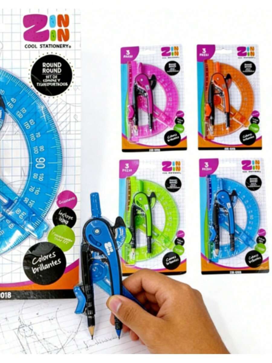 Kit de Geometría Completa ZIN: Compás + Regla + Lápiz, Colores Brillantes, ¡Listo para Dominar tus Tareas Escolares! - Conjuntos - Ver 1