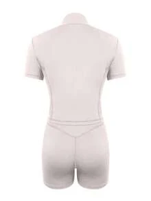 LovelyWholesale 女士休闲立领短袖拉链上衣和短裤瑜伽套装，夏季健身服 - 淺粉色 - 查看 5