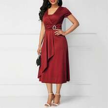2026 Best Selling Fashionable Temperament Chic Plus Size Asymmetrical Hem V-Neck Dress Party Evening Dress Women's Evening Dress Mini Dress  Elegant    Asymmetrical  Wrap  Ring    Wedding - 酒紅色 - 查看 2