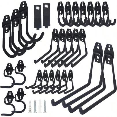 28 Pack Steel Heavy Duty Garage Hooks Storage Hooks With Anti-Slip Coating, Utility Garage Wall Mount Hanger And Organizer For Bikes, Ladder, Rope, Broom, Shovel And Garden Power Tools (28, Black)