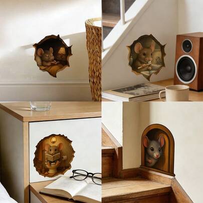 1/6pcs Cartoon Mouse Hole Wall Stickers, Mouse Peeking Out Reading, Brushing Teeth Scenes, Home Decor Removable Waterproof Stickers For Living Room, Bedroom