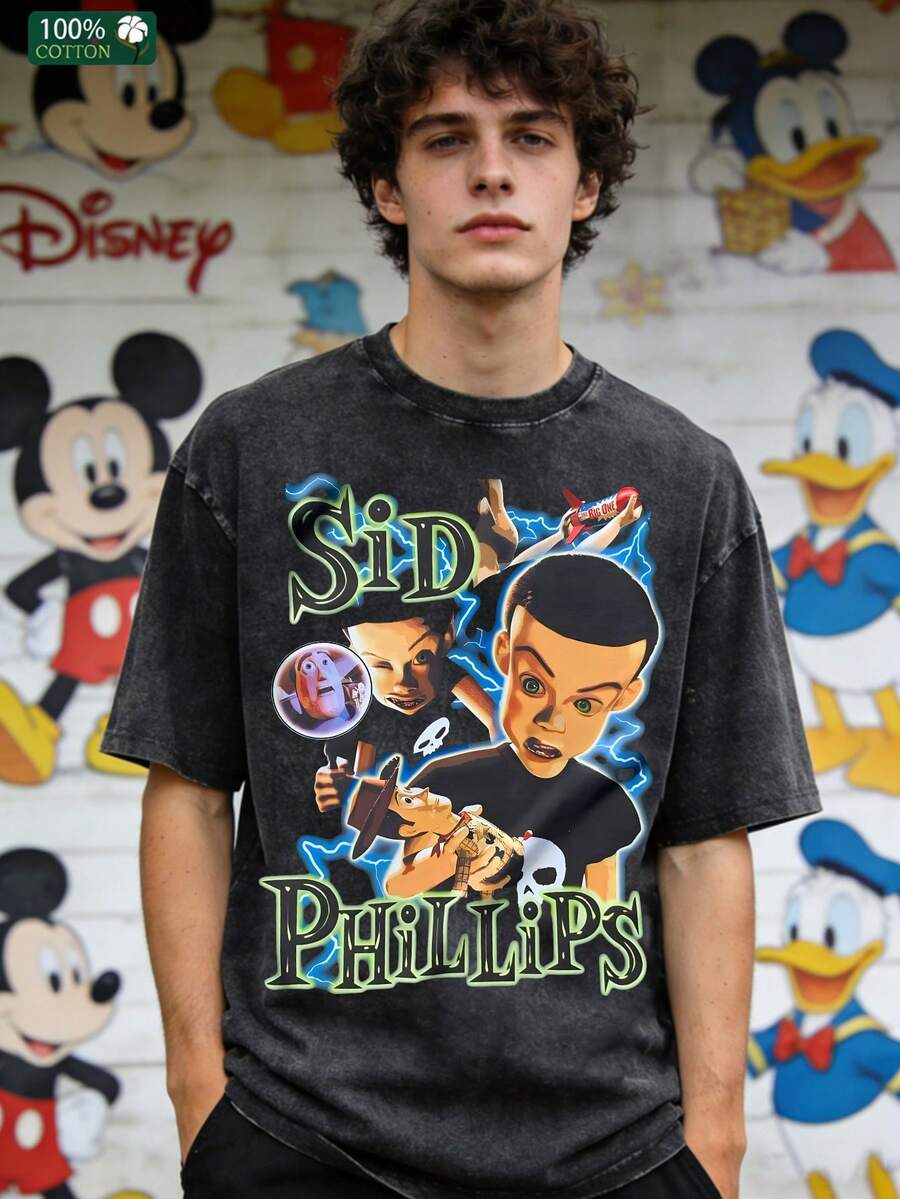 Disney IP 180g Washed Cotton Retro Cartoon Collaboration Toy "" SID Distressed Print High Street Streetwear Loose Short-Sleeved T-Shirt For Men - 黑色 - 查看 1