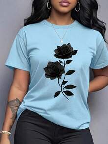 Spring Clothes Women's Clothing, Ladies Plus Size T-Shirt Black Rose Print - Casual Short Sleeve Round Neck Top, Medium Stretch Fabric, All-Season Com - 天藍色 - 查看 12