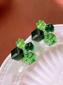 1 Pair Geometric Cube Stud Earrings, Gradient Candy Cube Versatile Earrings For Women, Party & Gift - Green - View 1