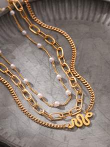 3pcs Paper Clip Necklace, Pearl Bracelet, Twisted Copper Snake Necklace Jewelry Set, Elegant & Fashionable Neck Accessories - Yellow Gold - View 3