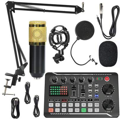 Kit Mixer Audio Profesional - Set Studio Podcast Integrat cu Stativ de Microfon cu Condensator de Înaltă Calitate - Mod de Alimentare Duală USB/Baterie cu Baterie Reîncărcabilă cu Litiu - Compatibil cu Computere, Laptopuri, Smartphone-uri pentru Înregistrare în Jocuri, Streaming Live și Exprimare Creativă