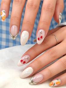 用24片杏仁形美甲片表达你的爱意，清新绿格纹、白色格纹、优雅白蝴蝶结、浅粉色人造指甲、精致绿白格纹法式浪漫红樱桃绿叶、卡其色法式可爱橙卡其色人造指甲，全覆盖假指甲套装，适合女性和女孩。套装包含1张粘合贴片、1个迷你指甲锉、果冻胶条，随机发货。 - 綠色 - 查看 1