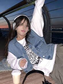 Women's Denim Vest, Fashionable Loose Layering Sleeveless Jacket For Autumn - Blue - View 2