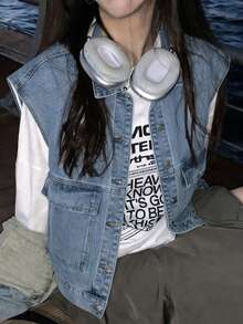 Women's Denim Vest, Fashionable Loose Layering Sleeveless Jacket For Autumn - Blue - View 1