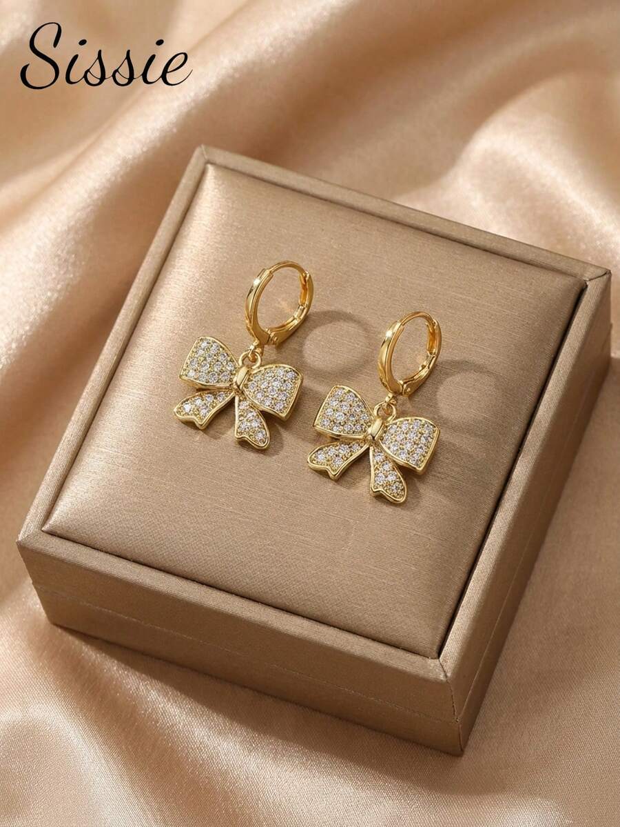 1pair Fashionable Rhinestone Butterfly Earrings Suitable For Party, Daily Wear, European & American Style, Unique, Generous, Cubic Zirconia, Wedding Jewelry, Gift For Girls, Relatives, Friends, Birthday, Valentine's Day, Gift For Lover - Gold - View 1