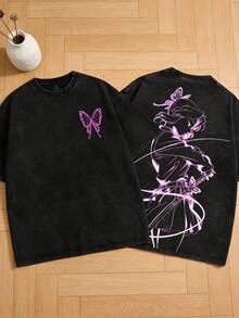Heavyweight Washed Cotton Men's Anime T-Shirt, Double-Sided Purple Butterfly Anime Print T-Shirt, Retro Comic Art Streetwear, Otaku Fashion Item, Y2K Gothic Short-Sleeved Shirt, Gift For Otaku Culture Enthusiasts, Summer Casual Top, Holiday Gift. - màu đen - Xem 2